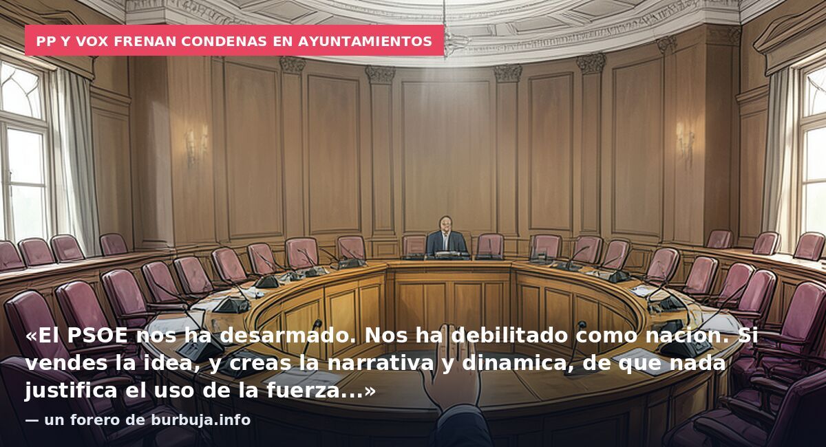 PP y VOX frenan condenas en ayuntamientos: «El PSOE nos ha desarmado. Nos ha debilitado como nacion. Si vendes la idea, y creas la narrativa y dinamica, de que nada justifica el uso de la fuerza...» — un forero de burbuja.info