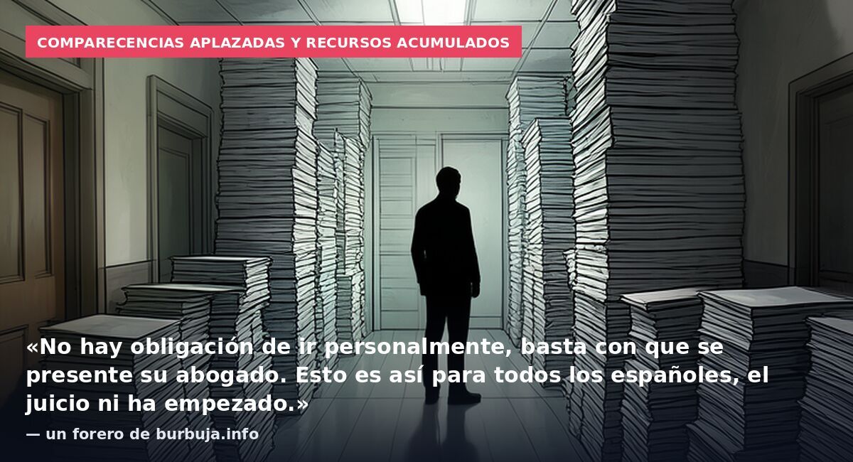 Comparecencias aplazadas y recursos acumulados: «No hay obligación de ir personalmente, basta con que se presente su abogado. Esto es así para todos los españoles, el juicio ni ha empezado.» — un forero de burbuja.info