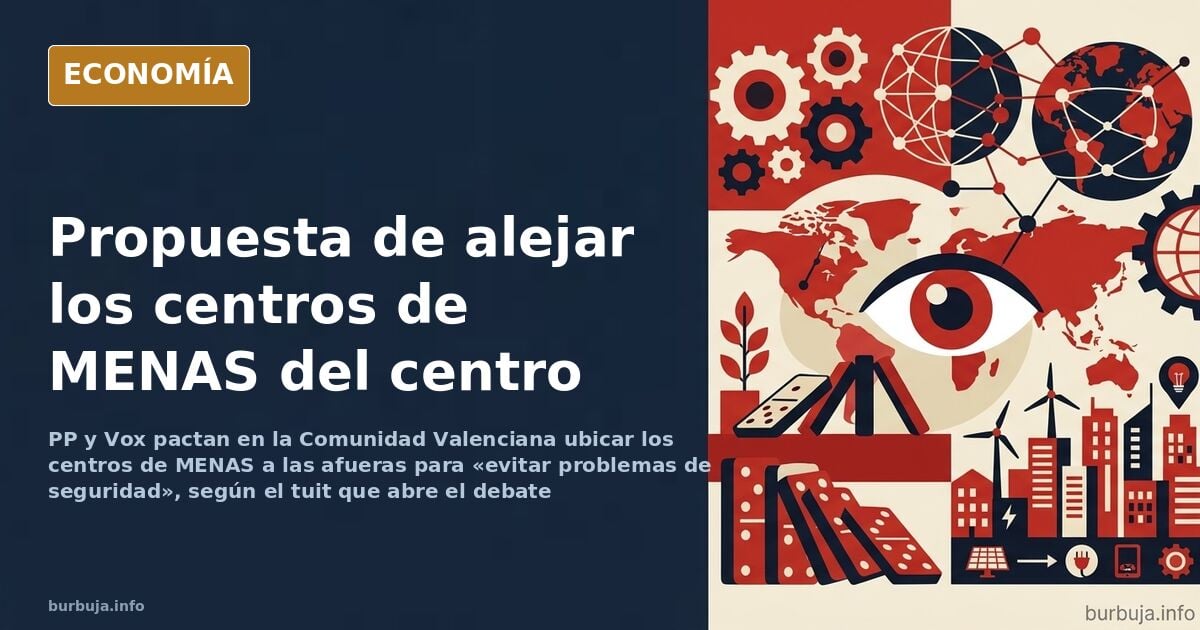 Ilustración editorial de edificios de acogida de menores migrantes trasladados a la periferia de una ciudad