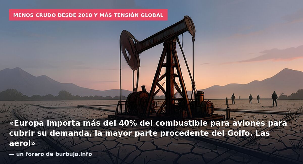 Menos crudo desde 2018 y más tensión global: «Europa importa más del 40% del combustible para aviones para cubrir su demanda, la mayor parte procedente del Golfo. Las aerol» — un forero de burbuja.info