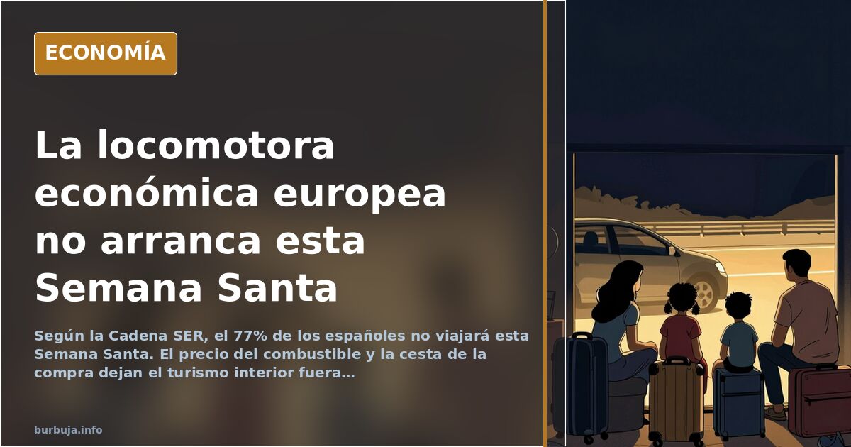 Ilustración editorial de una maleta cerrada junto a una casa, símbolo del 77% de españoles que no viaja en Semana Santa