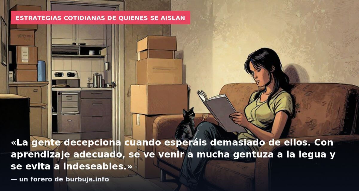 Estrategias cotidianas de quienes se aislan: «La gente decepciona cuando esperáis demasiado de ellos. Con aprendizaje adecuado, se ve venir a mucha gentuza a la legua y se evita a indeseables.» — un forero de burbuja.info