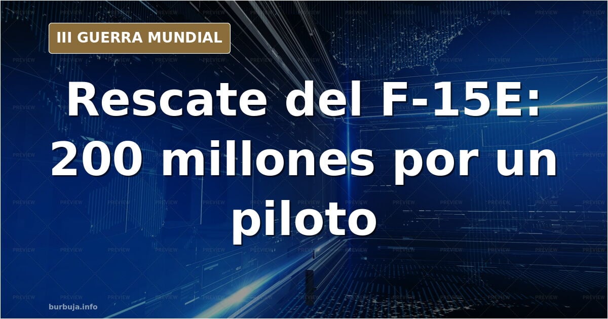 Ilustración documental de un caza F-15E derribado sobre montañas iraníes con helicópteros de rescate y columnas de humo en el