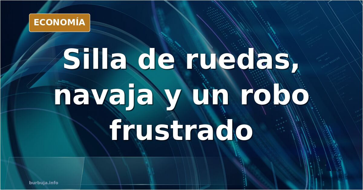 Ilustración de un anciano en silla de ruedas en una calle de Barcelona, con una navaja en el suelo y una cadena de oro rota, 