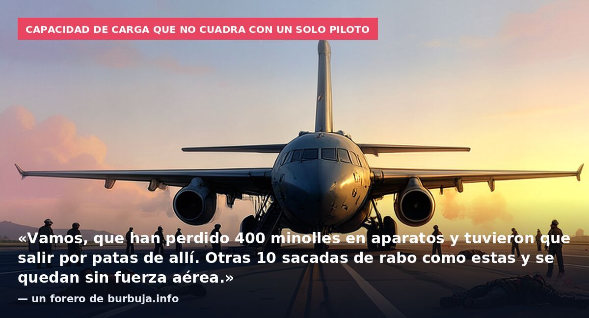 Capacidad de carga que no cuadra con un solo piloto: «Vamos, que han perdido 400 minolles en aparatos y tuvieron que salir por patas de allí. Otras 10 sacadas de rabo como estas y se quedan sin fuerza aérea.» — un forero de burbuja.info