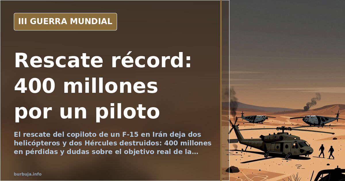 Ilustración documental de una pista de tierra en Irán con restos de aviones de carga calcinados y siluetas de helicópteros mi