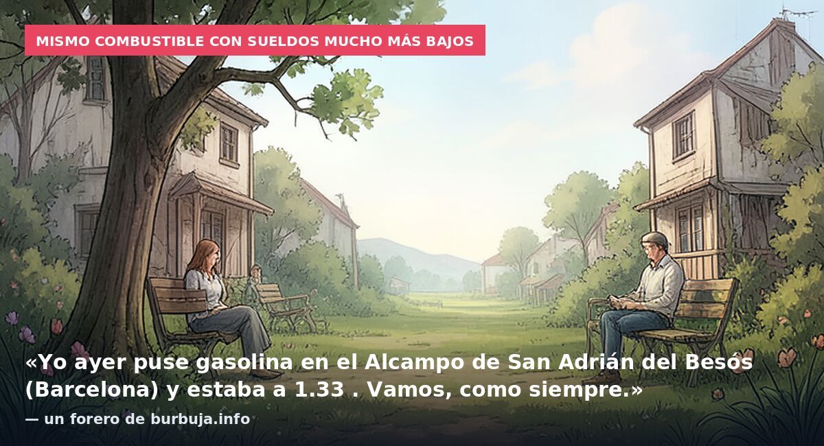 Mismo combustible con sueldos mucho más bajos: «Yo ayer puse gasolina en el Alcampo de San Adrián del Besós (Barcelona) y estaba a 1.33 . Vamos, como siempre.» — un forero de burbuja.info