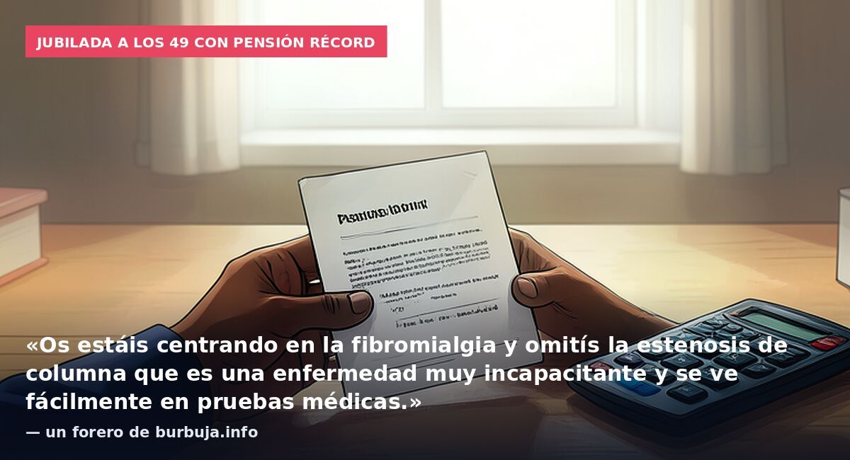 Jubilada a los 49 con pensión récord: «Os estáis centrando en la fibromialgia y omitís la estenosis de columna que es una enfermedad muy incapacitante y se ve fácilmente en pruebas médicas.» — un forero de burbuja.info