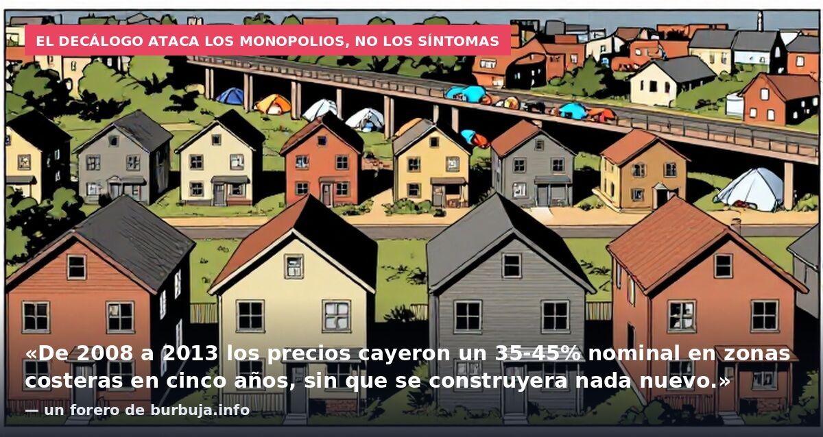 El decálogo ataca los monopolios, no los síntomas: «De 2008 a 2013 los precios cayeron un 35-45% nominal en zonas costeras en cinco años, sin que se construyera nada nuevo.» — un forero de burbuja.info