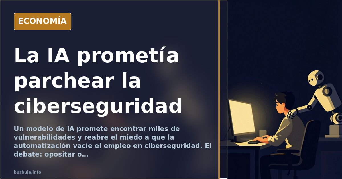 Ilustración editorial de una pantalla con código y una figura humana frente a un escudo digital, en tonos azul marino y dorad