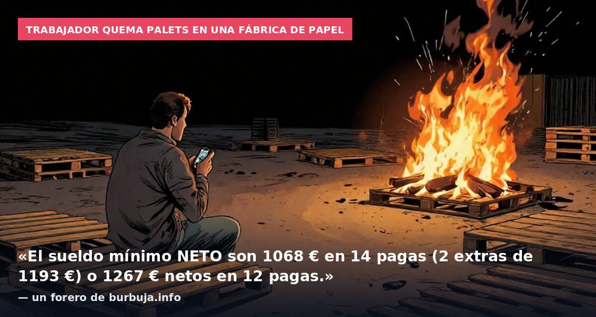 Trabajador quema palets en una fábrica de papel: «El sueldo mínimo NETO son 1068 € en 14 pagas (2 extras de 1193 €) o 1267 € netos en 12 pagas.» — un forero de burbuja.info
