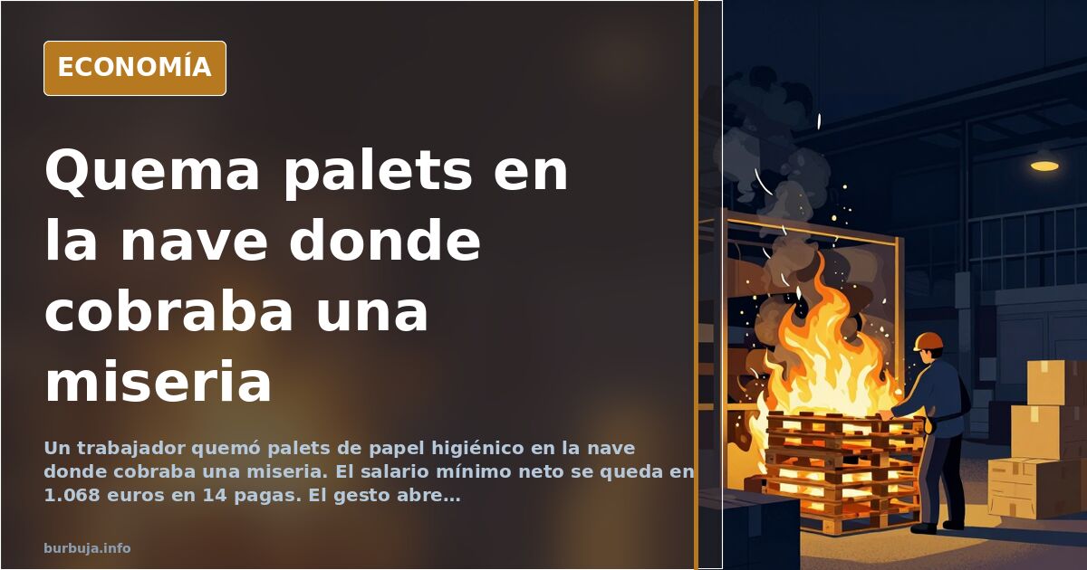 Ilustración editorial de una nave ardiendo con un mechero en primer plano y palets de papel higiénico apilados