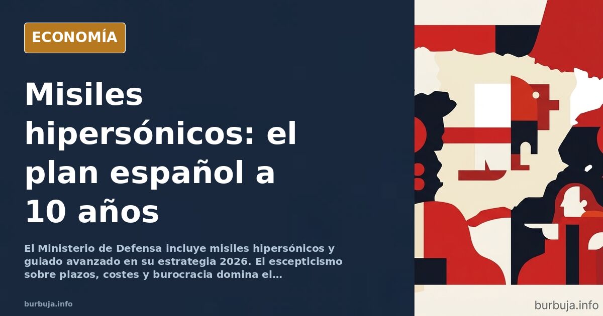 Ilustración editorial de un misil hipersónico español sobre fondo azul marino y dorado, símbolo del plan de defensa a diez añ