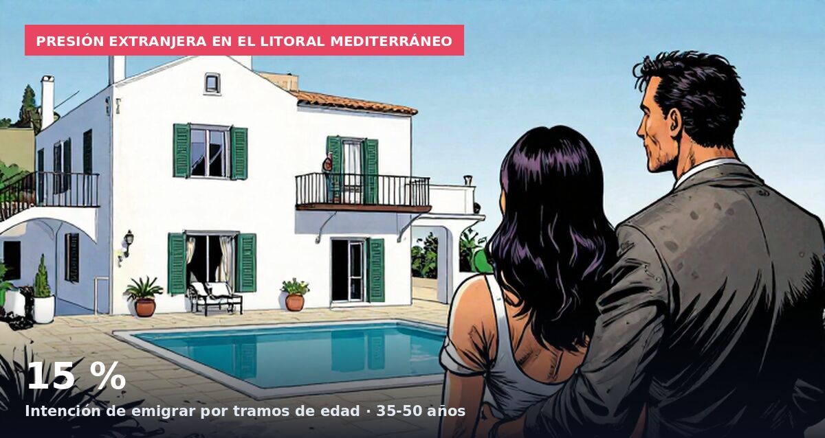 Presión extranjera en el litoral mediterráneo: 15 % Intención de emigrar por tramos de edad · 35-50 años