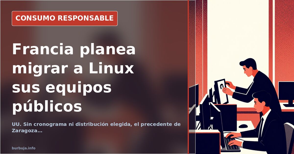Pantalla de ordenador con el logo de Linux junto a la bandera de Francia simbolizando la migración de Windows a Linux en la a