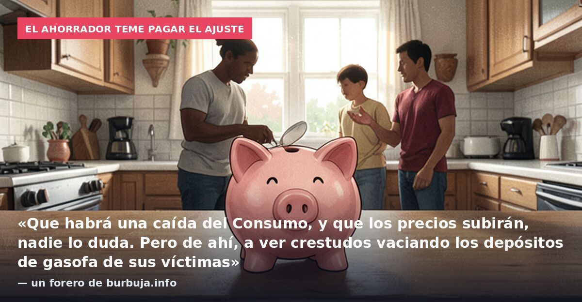 El ahorrador teme pagar el ajuste: «Que habrá una caída del Consumo, y que los precios subirán, nadie lo duda. Pero de ahí, a ver crestudos vaciando los depósitos de gasofa de sus víctimas» — un forero de burbuja.info