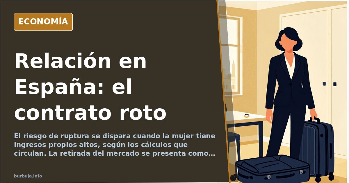 Ilustración editorial sobre la crisis de pareja en España: dos figuras distantes separadas por un contrato roto, en azul mari