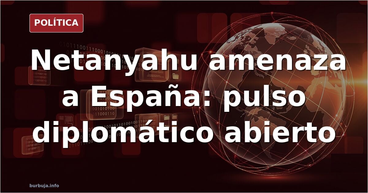 Ilustración editorial de dos líderes políticos frente a frente con banderas de España e Israel y un organismo internacional d