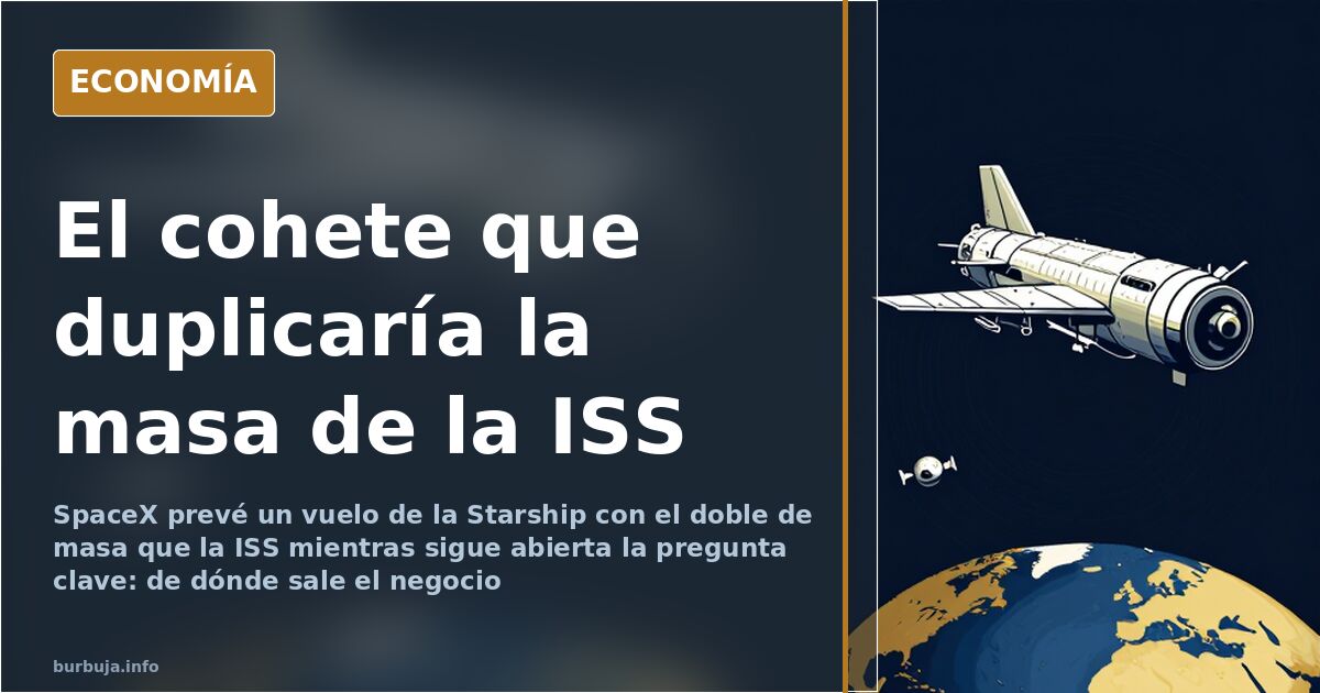 Ilustración de una Starship rumbo a órbita con la Estación Espacial Internacional al fondo como referencia de escala