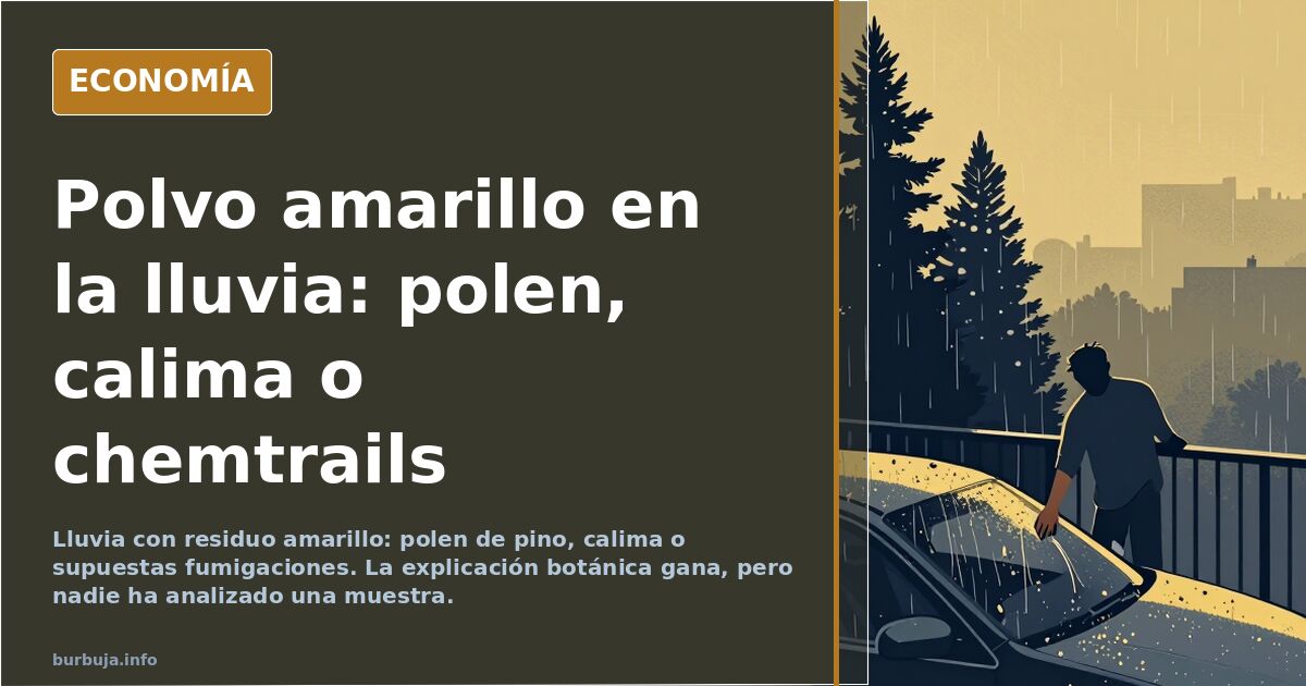 Ilustración editorial de lluvia cayendo sobre una ciudad con residuo amarillo en coches y barandillas