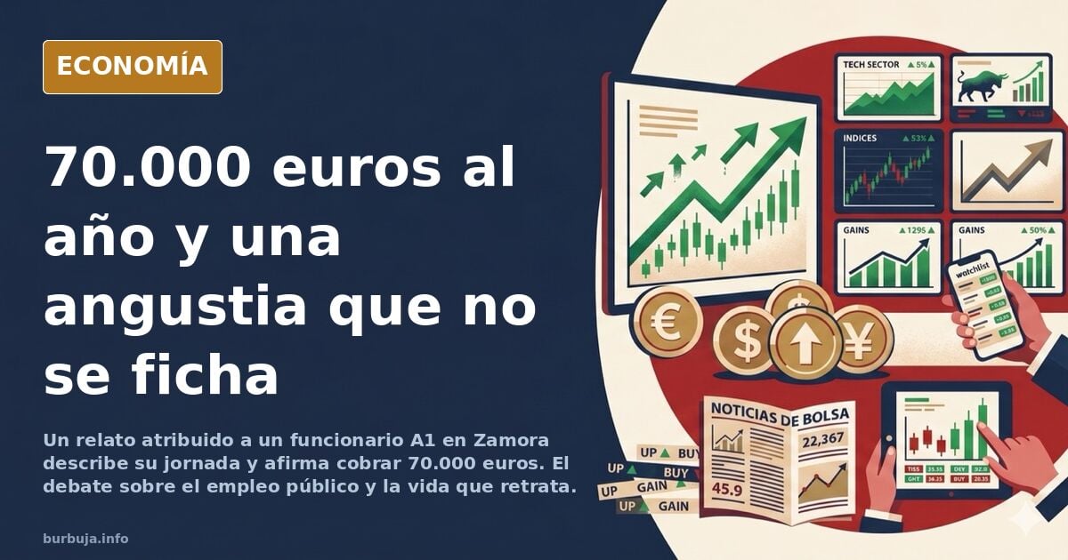 Ilustración editorial de una oficina administrativa vacía con una silla ergonómica y un ordenador antiguo encendido bajo luz 