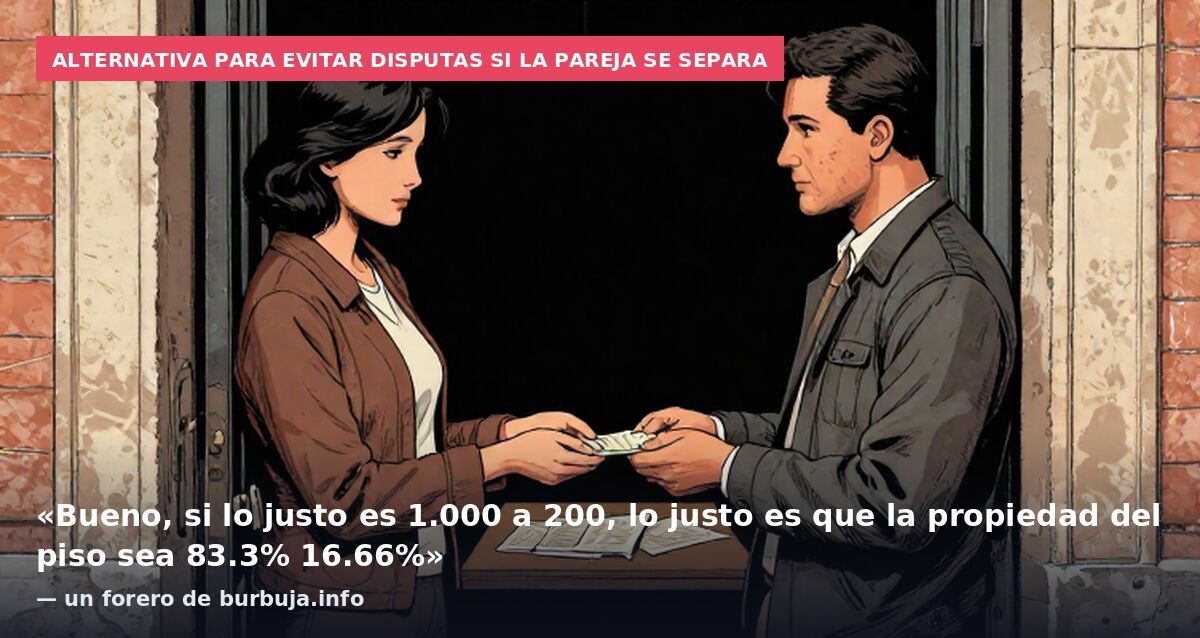Alternativa para evitar disputas si la pareja se separa: «Bueno, si lo justo es 1.000 a 200, lo justo es que la propiedad del piso sea 83.3% 16.66%» — un forero de burbuja.info