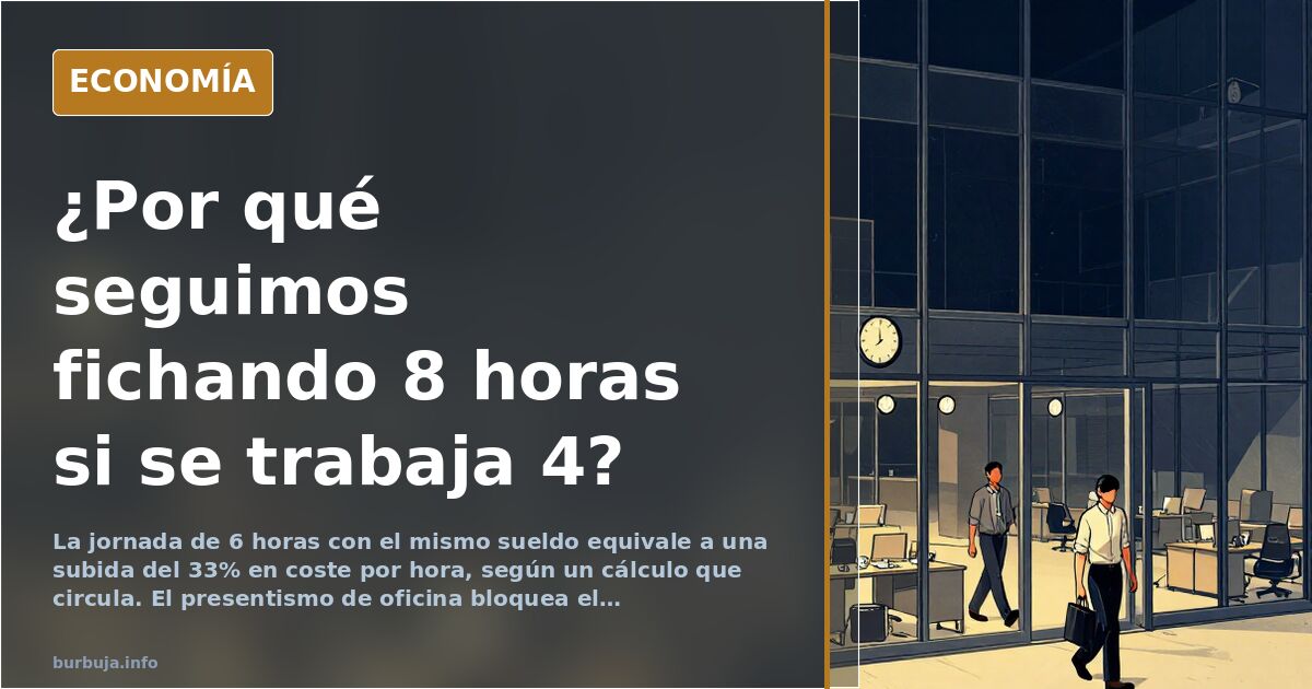 Ilustración editorial de una oficina vacía con relojes de pared marcando jornadas laborales y sillas desocupadas