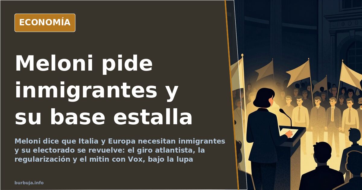 Ilustración editorial de una líder europea ante un atril con banderas de Italia y la UE mientras una multitud le da la espald