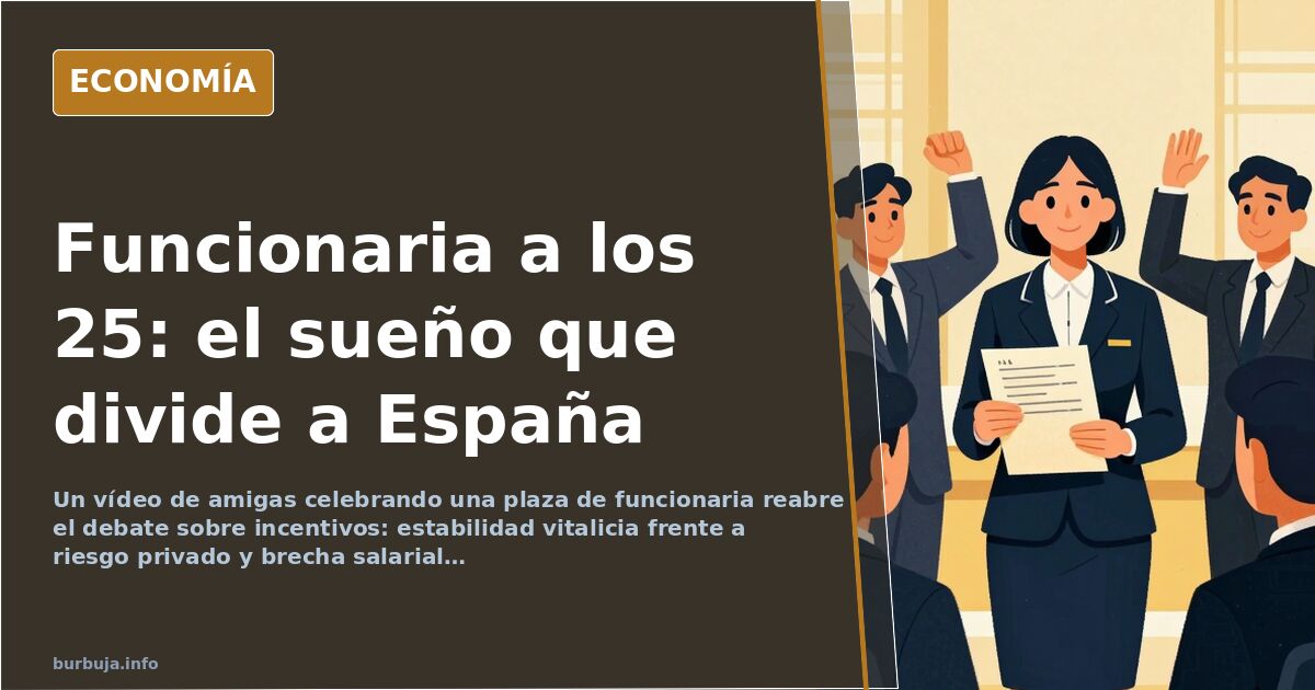 Ilustración editorial de una joven celebrando una plaza de funcionaria mientras una balanza inclina la estabilidad pública fr