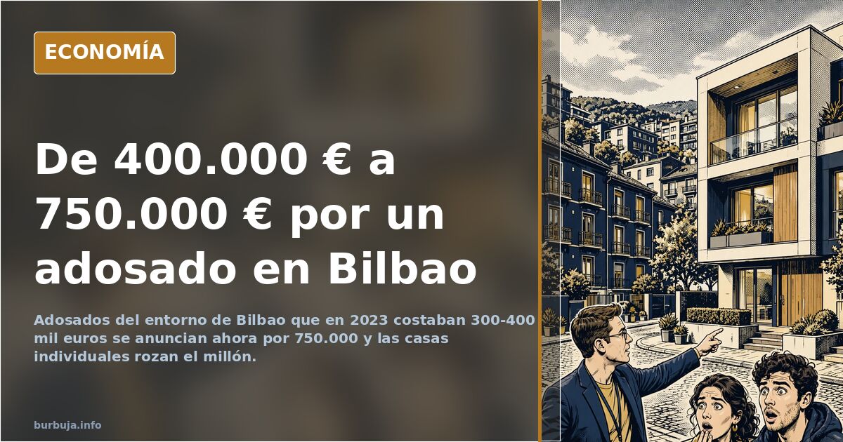 Fachada de chalets adosados en el extrarradio de una ciudad con carteles de venta, ilustrando el precio de la vivienda
