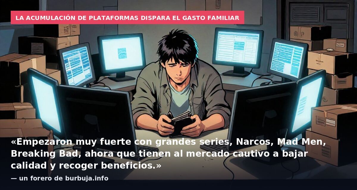 La acumulación de plataformas dispara el gasto familiar: «Empezaron muy fuerte con grandes series, Narcos, Mad Men, Breaking Bad, ahora que tienen al mercado cautivo a bajar calidad y recoger beneficios.» — un forero de burbuja.info