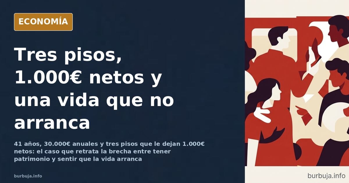 Ilustración editorial de un hombre de mediana edad ante una mesa con llaves de pisos y documentos, símbolo de patrimonio inmo