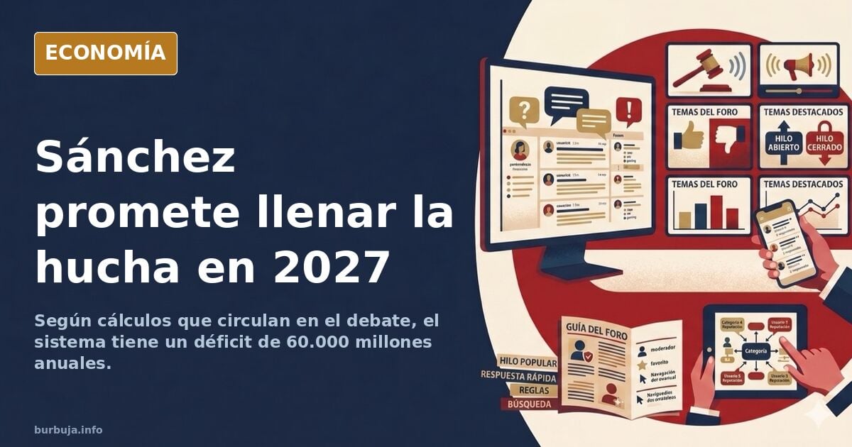 Ilustración editorial de una hucha vacía sobre un fondo de gráficos económicos en descenso, con la silueta de un político al 