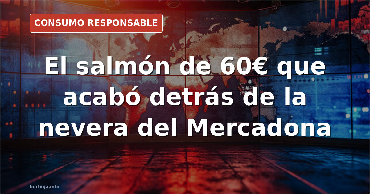 Estantería de frío de supermercado con salmón troceado en bandeja y ticket de compra