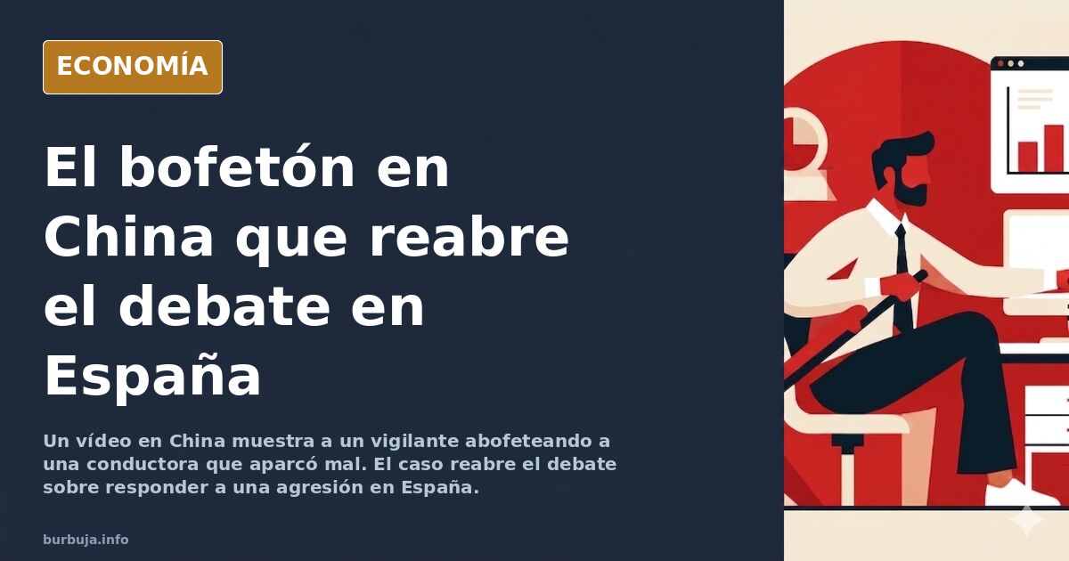 Ilustración editorial de un vigilante de seguridad en un aparcamiento de centro comercial recibiendo una agresión verbal de u