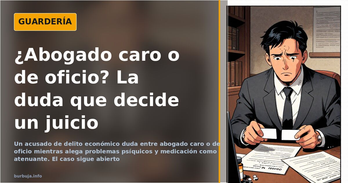 Ilustración de un banquillo judicial vacío con una caja de pastillas y un maletín de abogado sobre la mesa