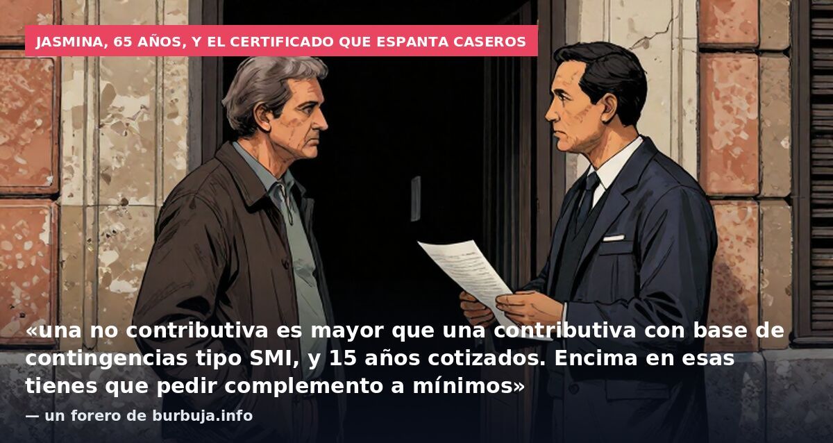 Jasmina, 65 años, y el certificado que espanta caseros: «una no contributiva es mayor que una contributiva con base de contingencias tipo SMI, y 15 años cotizados. Encima en esas tienes que pedir complemento a mínimos» — un forero de burbuja.info