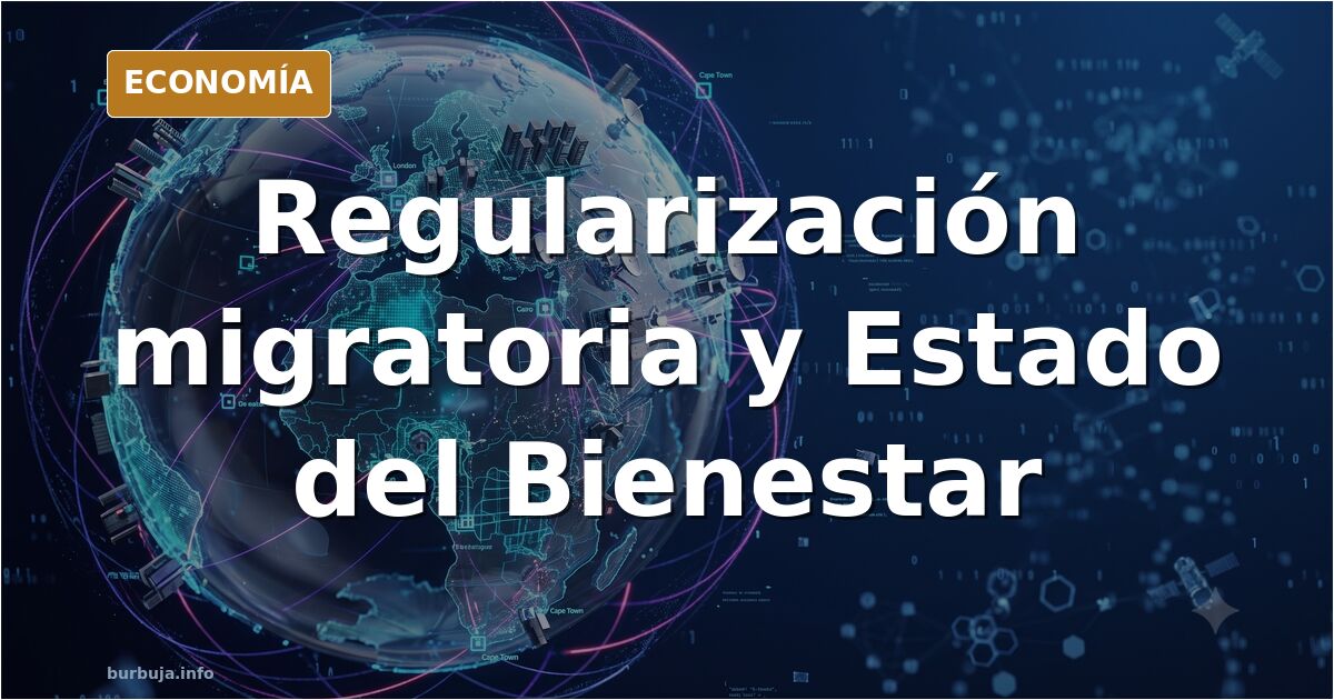 Ilustración editorial de un edificio administrativo con colas de personas y gráficos demográficos en tonos azul marino y dora