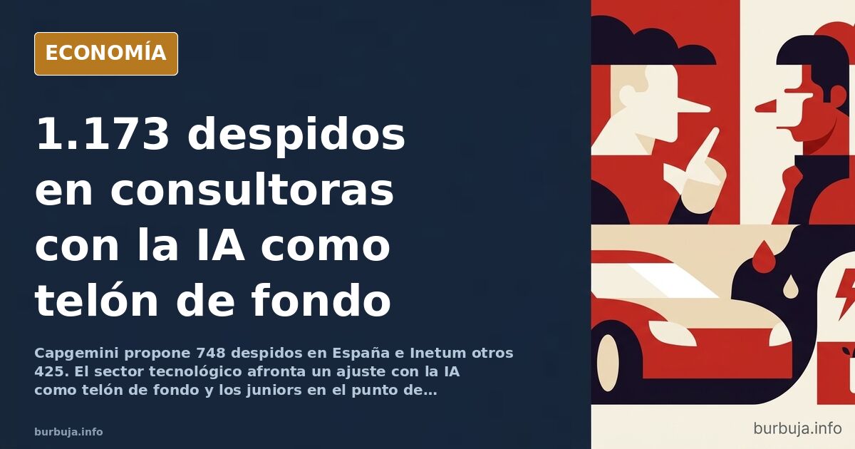Ilustración editorial de dos edificios corporativos con siluetas de trabajadores saliendo y un cerebro digital flotando sobre