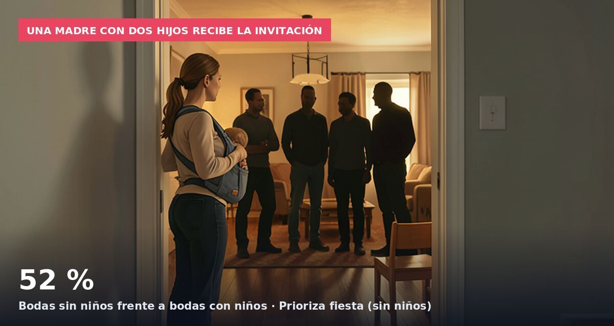 Una madre con dos hijos recibe la invitación: 52 % Bodas sin niños frente a bodas con niños · Prioriza fiesta (sin niños)