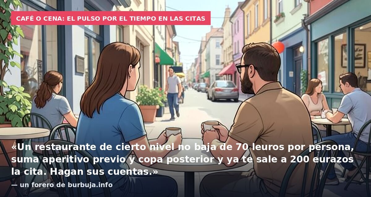 Café o cena: el pulso por el tiempo en las citas: «Un restaurante de cierto nivel no baja de 70 leuros por persona, suma aperitivo previo y copa posterior y ya te sale a 200 eurazos la cita. Hagan sus cuentas.» — un forero de burbuja.info