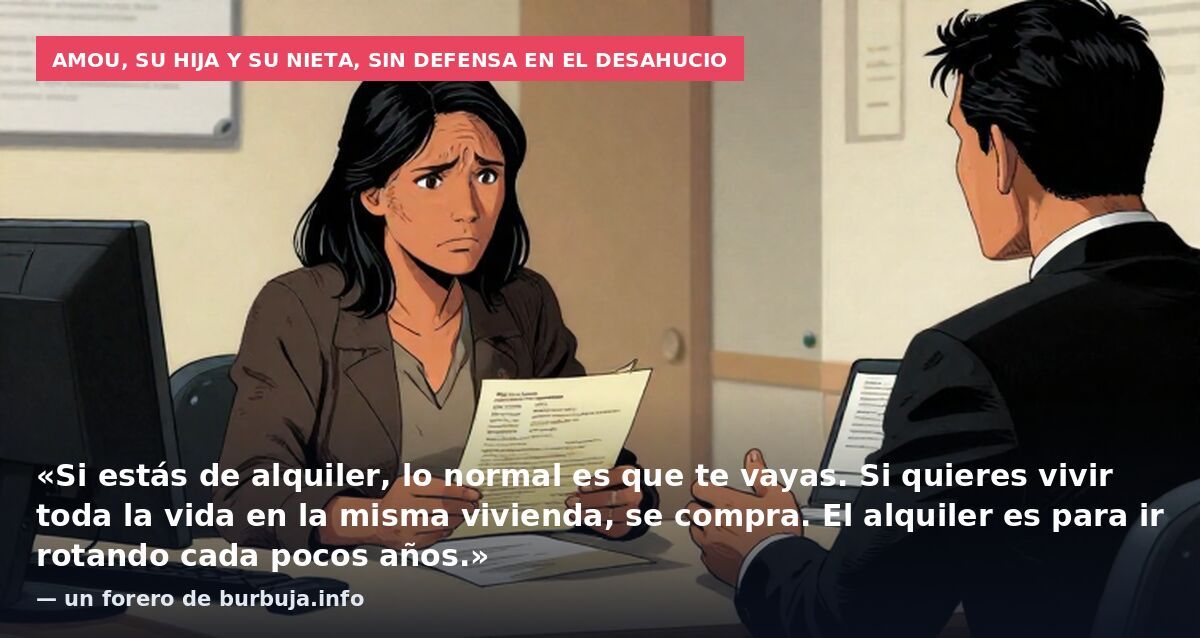 Amou, su hija y su nieta, sin defensa en el desahucio: «Si estás de alquiler, lo normal es que te vayas. Si quieres vivir toda la vida en la misma vivienda, se compra. El alquiler es para ir rotando cada pocos años.» — un forero de burbuja.info