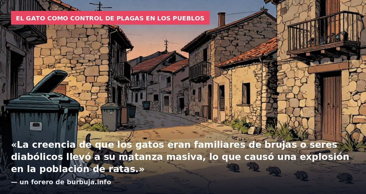 El gato como control de plagas en los pueblos: «La creencia de que los gatos eran familiares de brujas o seres diabólicos llevó a su matanza masiva, lo que causó una explosión en la población de ratas.» — un forero de burbuja.info