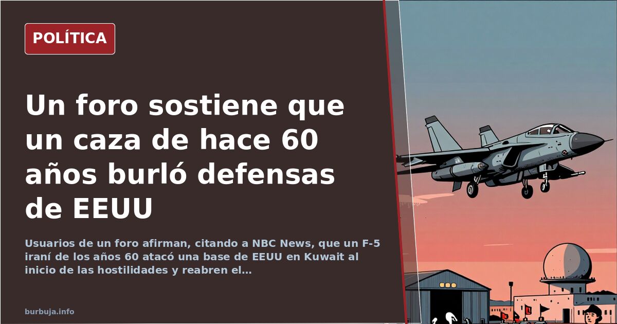 Ilustración editorial de un caza F-5 iraní volando a baja cota sobre una base militar estadounidense en Kuwait con sistemas a