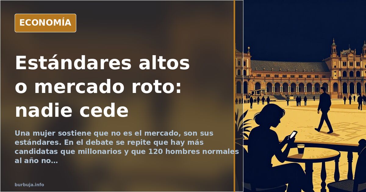 Ilustración editorial sobre estándares de pareja y mercado de relaciones con figuras femenina y masculina separadas por una b