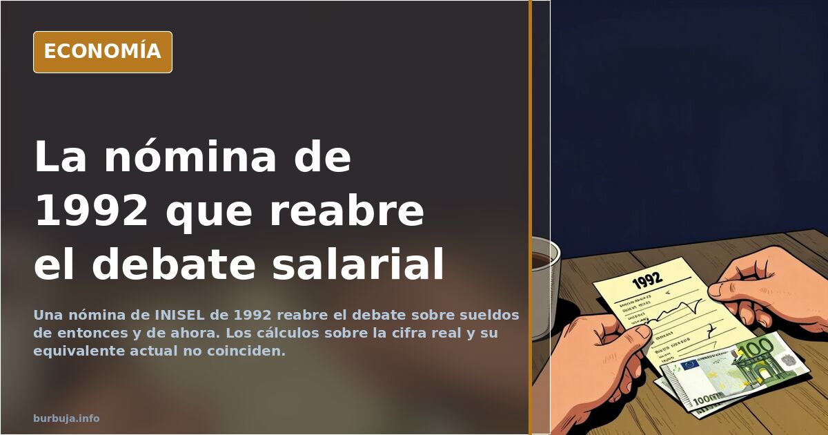 Nómina antigua de 1992 sobre una mesa junto a billetes de peseta y una calculadora, ilustración editorial sobre sueldos