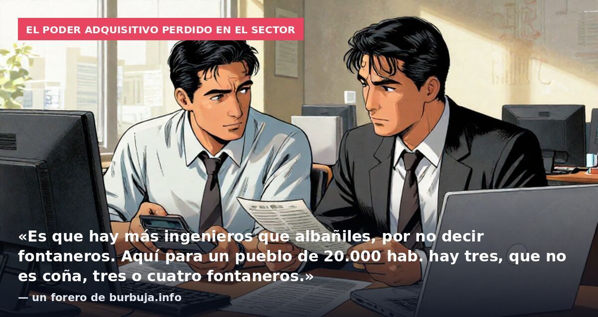 El poder adquisitivo perdido en el sector: «Es que hay más ingenieros que albañiles, por no decir fontaneros. Aquí para un pueblo de 20.000 hab. hay tres, que no es coña, tres o cuatro fontaneros.» — un forero de burbuja.info
