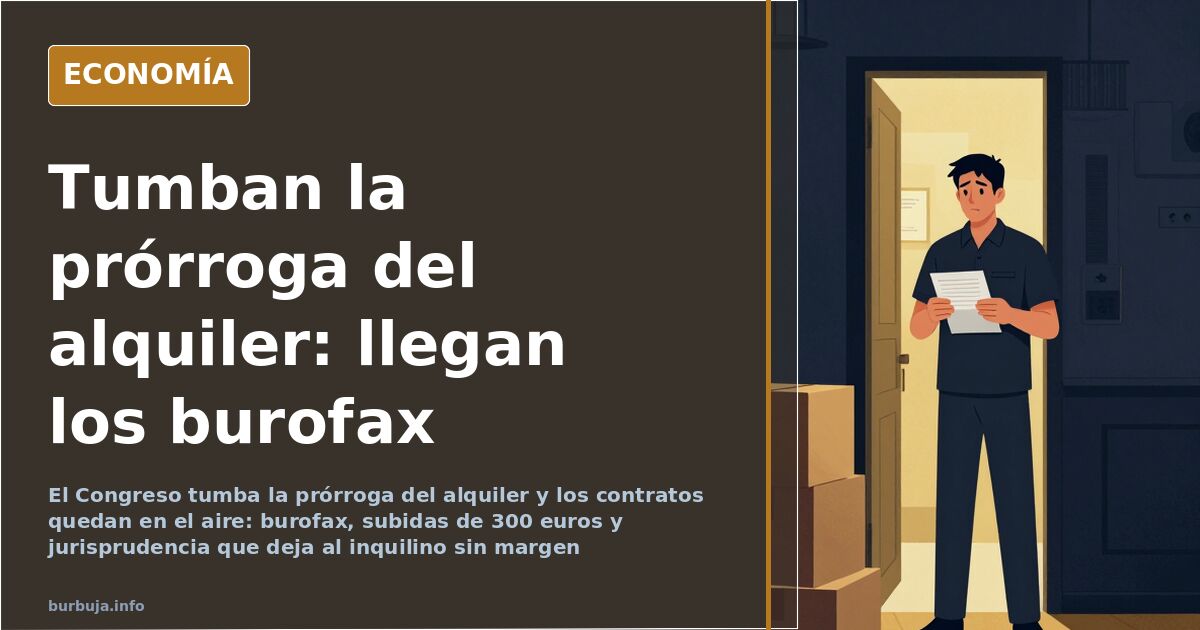 Ilustración editorial de un contrato de alquiler roto sobre una mesa con una llave y un sello del Congreso