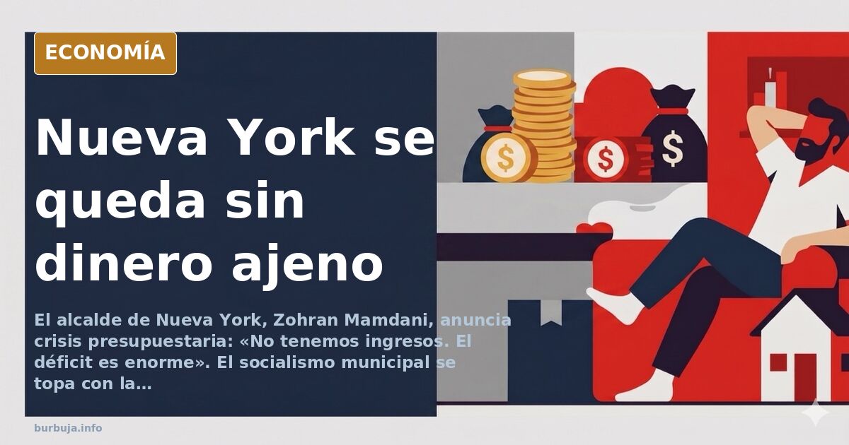 Ilustración editorial de un rascacielos de Nueva York con grietas y una alcancía vacía en primer plano, simbolizando la quieb