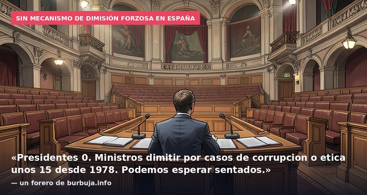 Sin mecanismo de dimisión forzosa en España: «Presidentes 0. Ministros dimitir por casos de corrupcion o etica unos 15 desde 1978. Podemos esperar sentados.» — un forero de burbuja.info